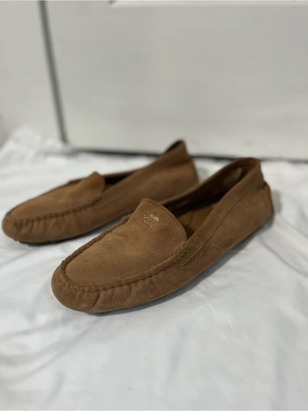 Coach Women's Brown Suede Slip-On Loafers with Gold Logo, size 10